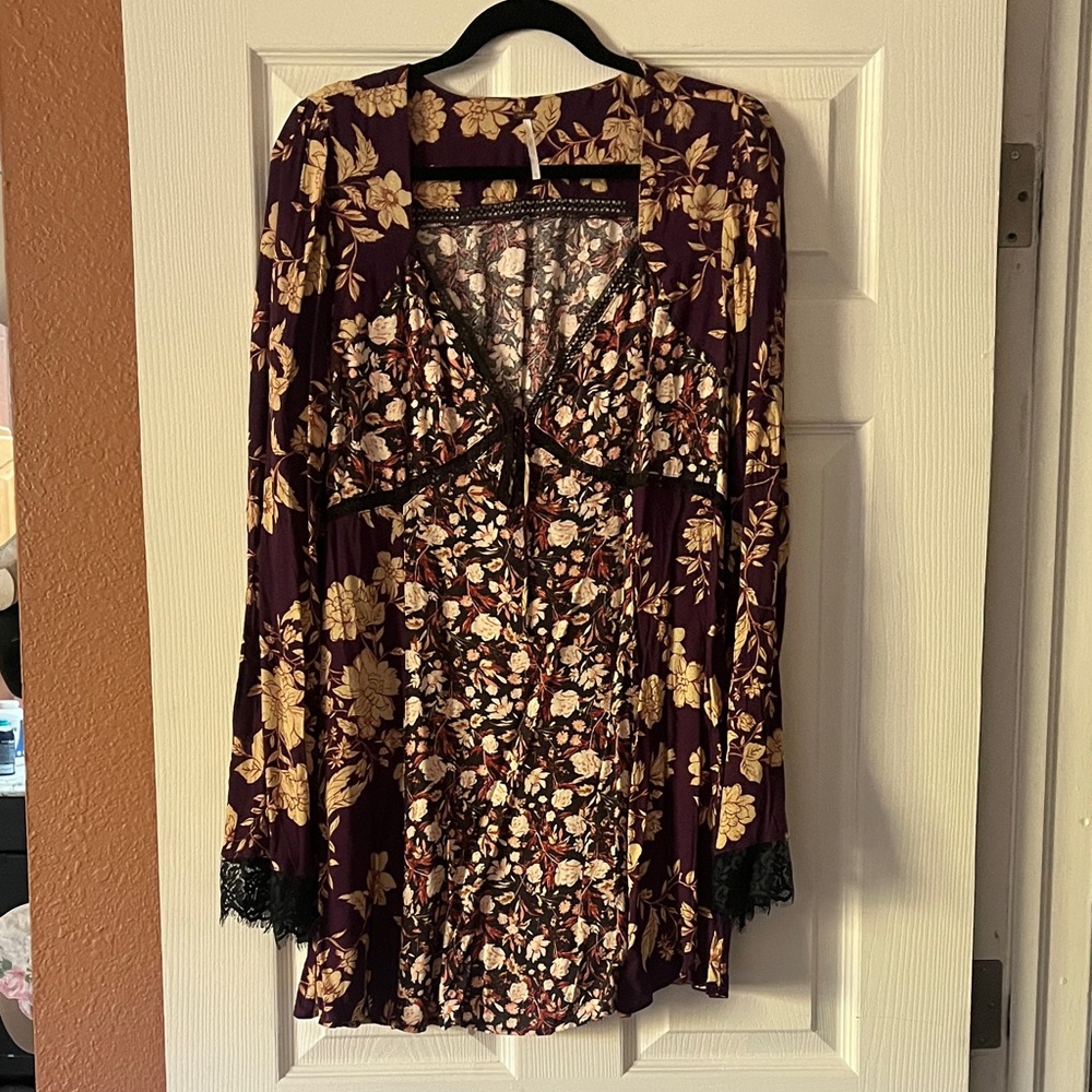 Free People Floral Long Sleeve Dress - Deep Purple and Gold